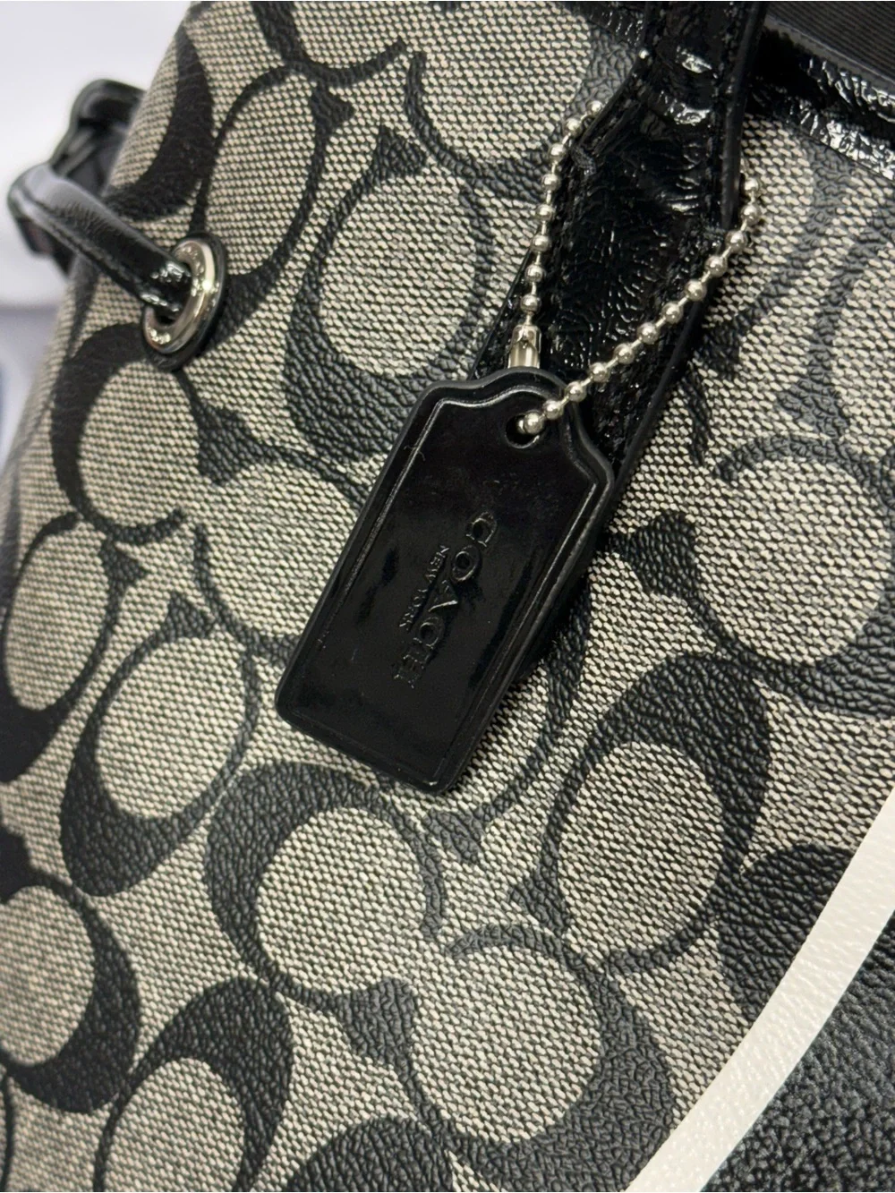 (new+tag) Coach Signature Drawstring Monogram Tote with Black Varsity Stripe